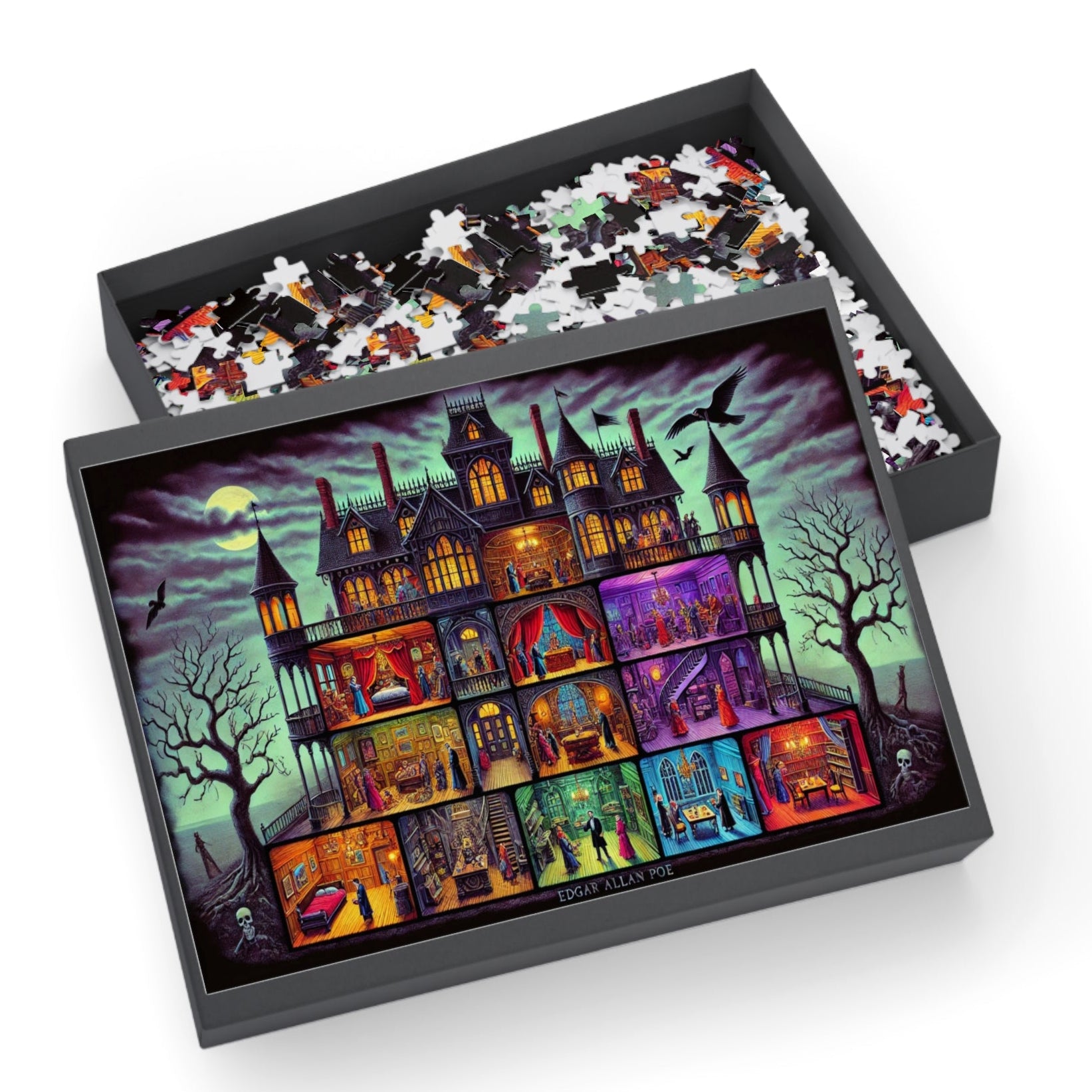 Edgar Allan Poe Haunted Mansion Puzzle | Gothic Macabre Jigsaw for Adults | Spooky Raven Art Gift