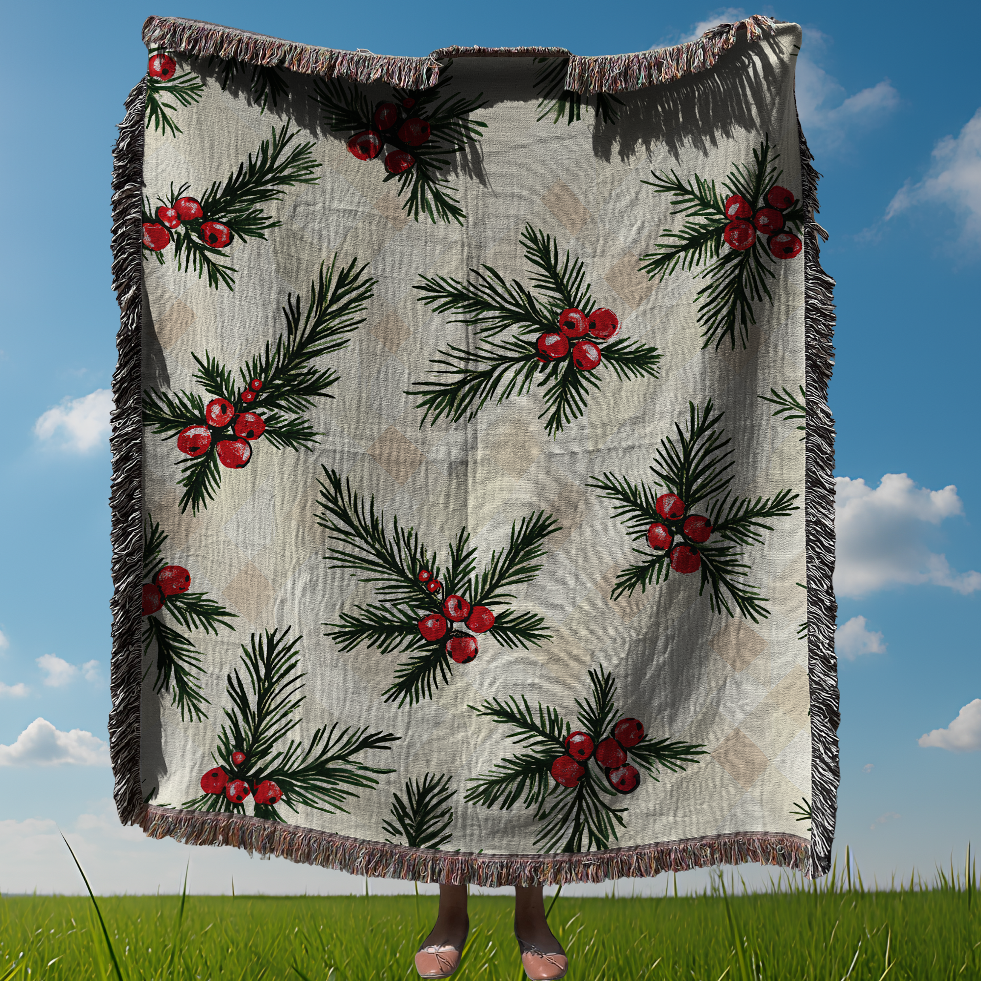 Christmas Pine Berry Woven Blanket | Rustic Farmhouse Holiday Throw | Cozy Winter Cottagecore Decor