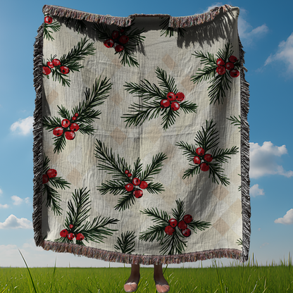Christmas Pine Berry Woven Blanket | Rustic Farmhouse Holiday Throw | Cozy Winter Cottagecore Decor