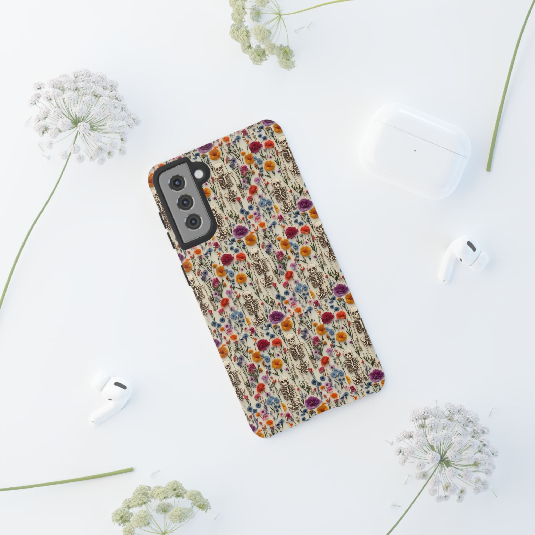Skeleton Floral Phone Case – Gothic Vintage Botanical Skull Cover for iPhone, Samsung & Pixel Models