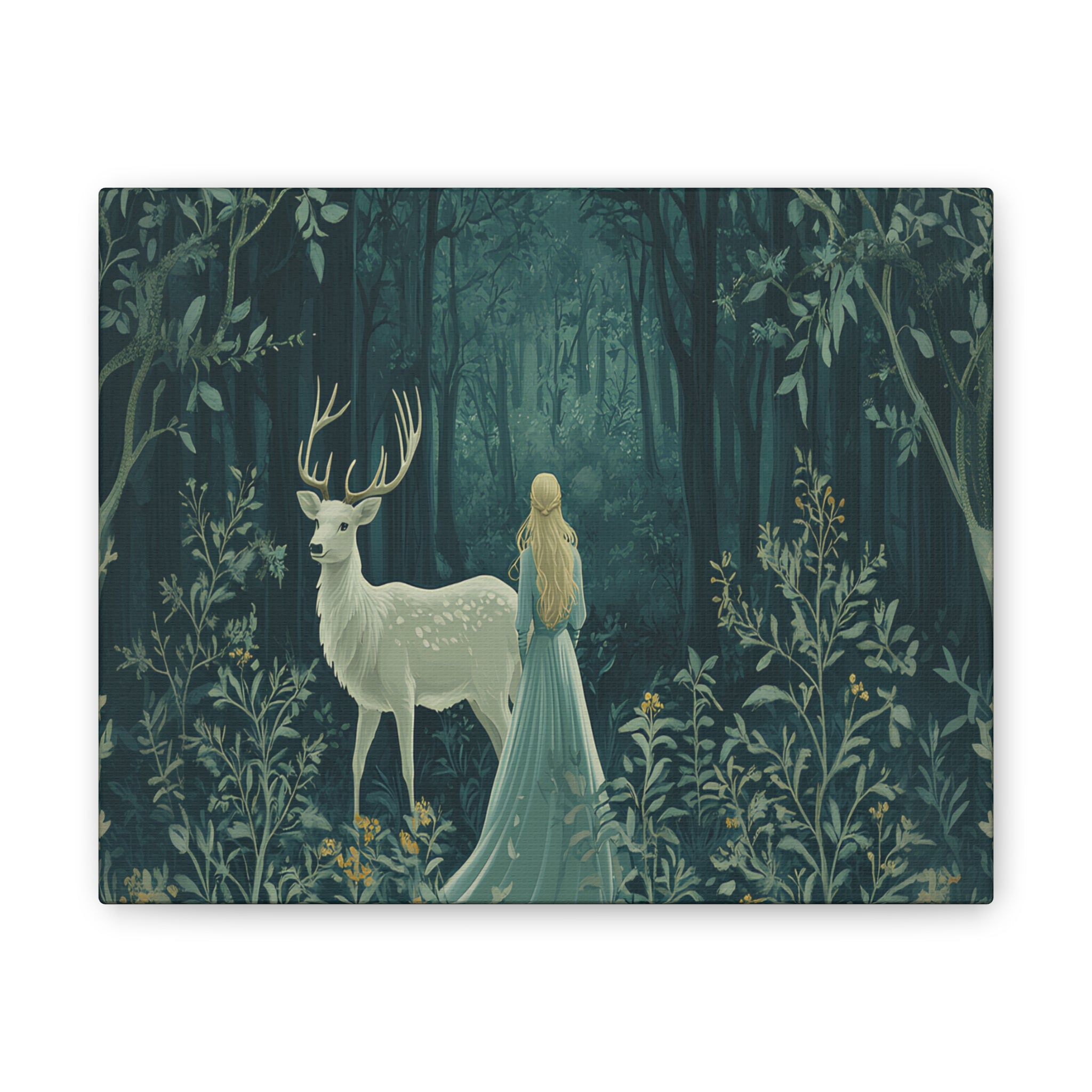 Enchanted Forest Stag & Maiden Canvas Wall Art Mystical Woodland Nature Lover Home Décor
