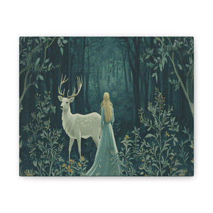 Enchanted Forest Stag & Maiden Canvas Wall Art Mystical Woodland Nature Lover Home Décor