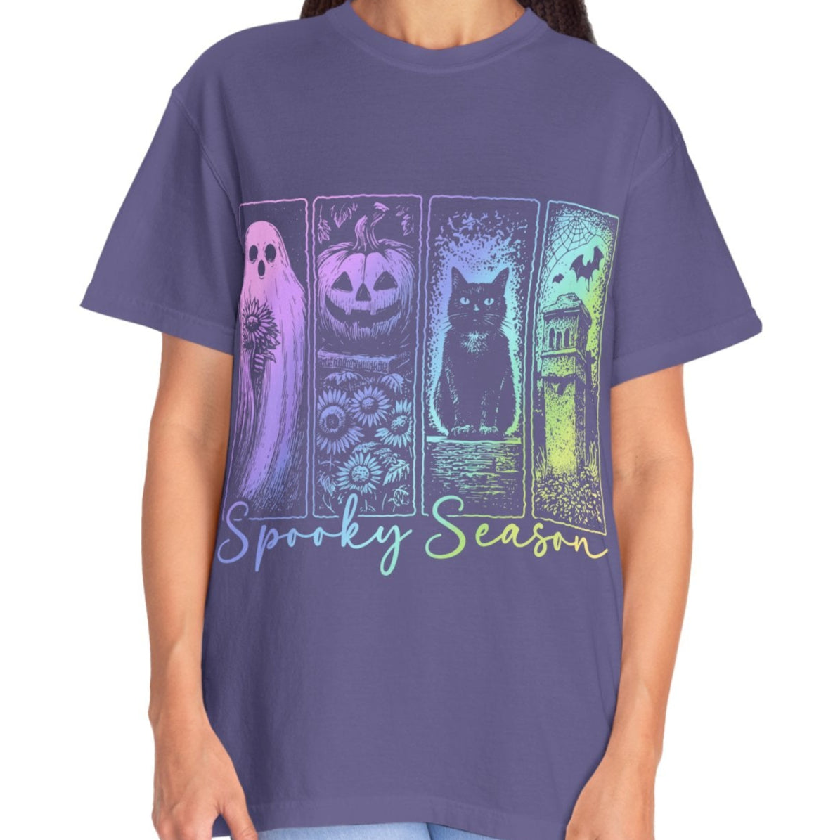 Spooky Season Halloween Shirt for Women Ghost Cat Pumpkin Tee – Cute Fall Aesthetic Witchy Graphic T-Shirt