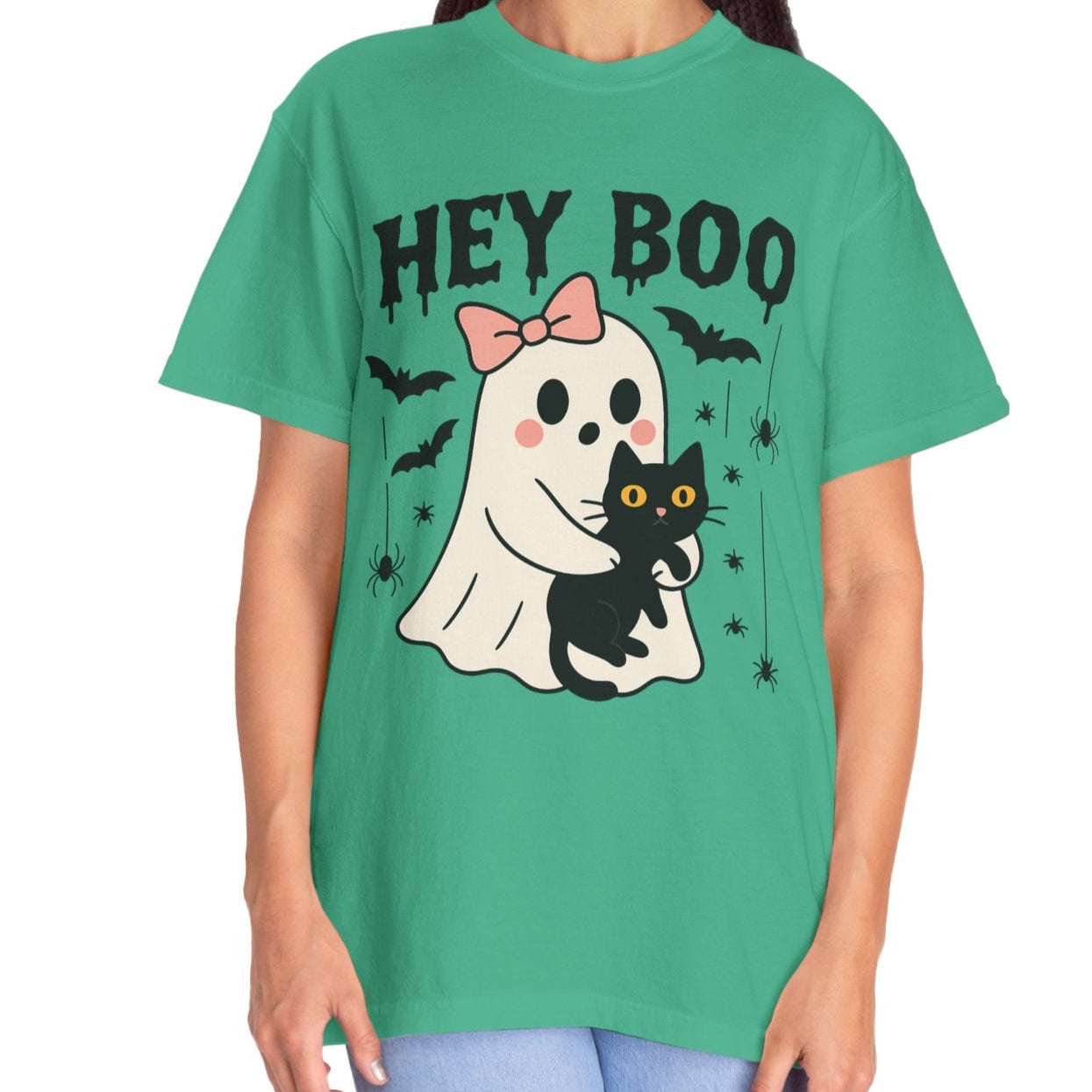 Hey Boo Ghost Shirt with Cat | Cute Halloween Tee for Women | Pastel Spooky Season Fall T-Shirt