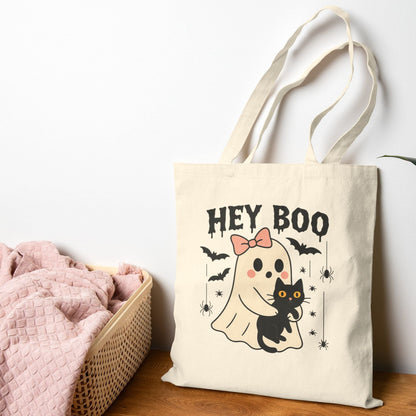 Cute Ghost & Black Cat Halloween Tote Bag | Fall Canvas Bag for Her | Reusable Trick-or-Treat Shopper
