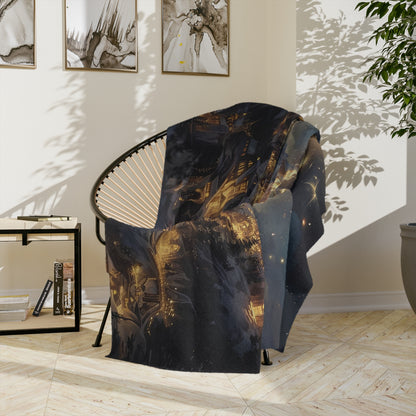 mountain skyline blanket with fantasy night illumination,
plush fleece throw with glowing mountain under moonlight,