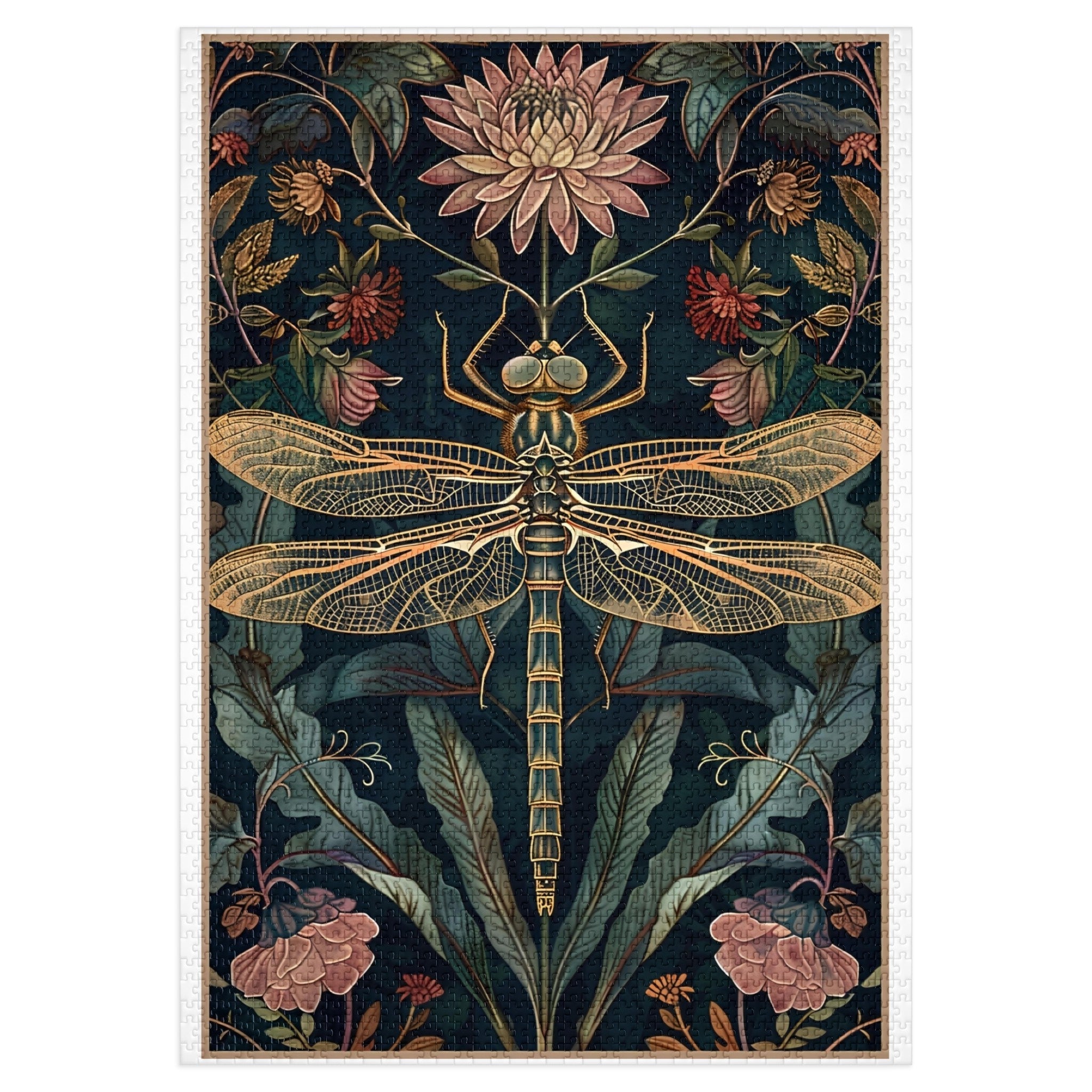 botanical dragonfly art puzzle for slow living homes, vintage floral jigsaw puzzle for tea time relaxation, relaxing art puzzle for adults with botanical design