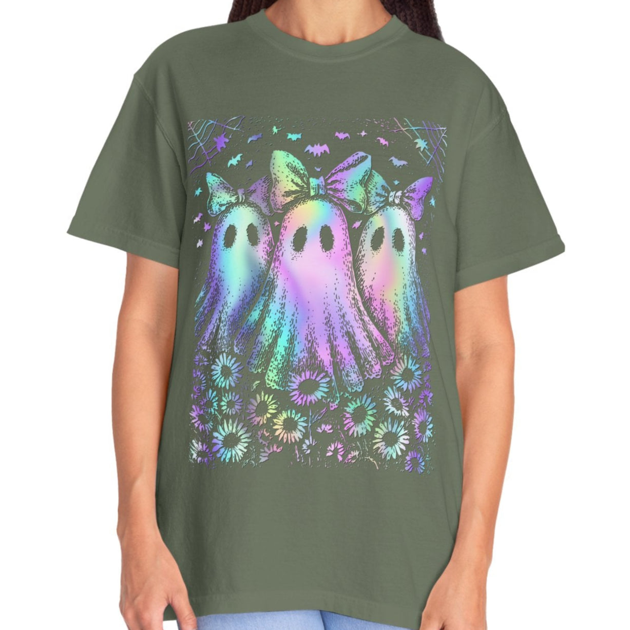 Pastel Rainbow Ghost Halloween Shirt for Women – Cute Spooky Season Tee with Bows & Floral Aesthetic