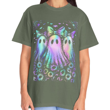 Pastel Rainbow Ghost Halloween Shirt for Women – Cute Spooky Season Tee with Bows & Floral Aesthetic