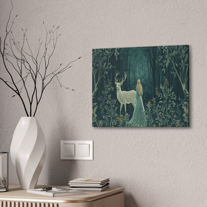 Enchanted Forest Stag & Maiden Canvas Wall Art Mystical Woodland Nature Lover Home Décor