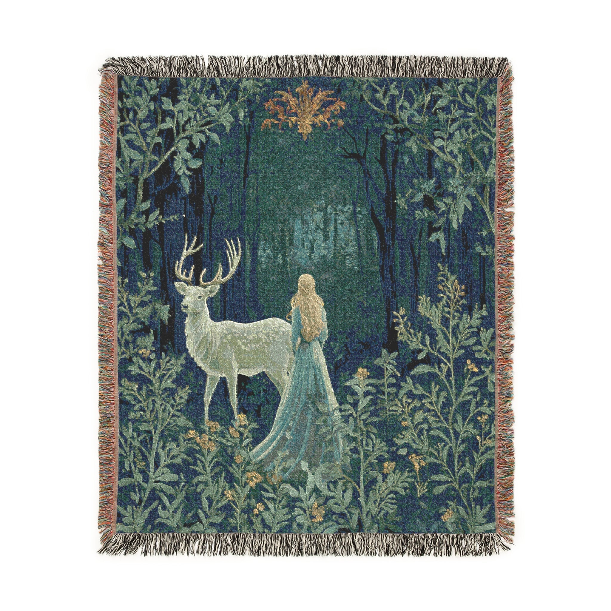 Enchanted Forest Woven Throw Blanket | Mystical Deer & Maiden Fairytale Tapestry Woodland Decor