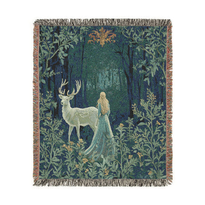 Enchanted Forest Woven Throw Blanket | Mystical Deer & Maiden Fairytale Tapestry Woodland Decor