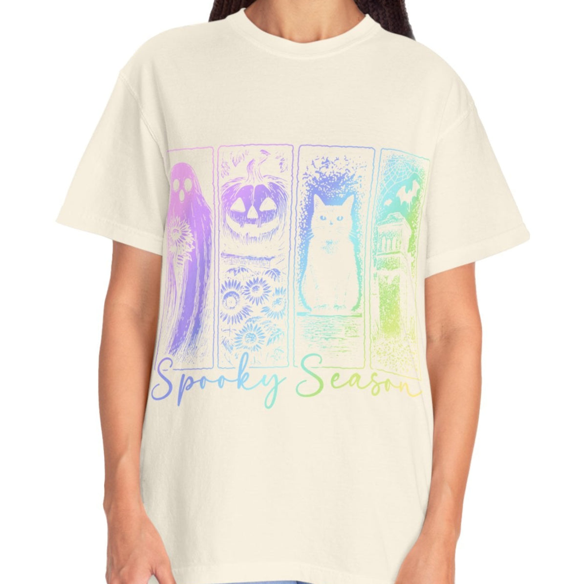 Spooky Season Halloween Shirt for Women Ghost Cat Pumpkin Tee – Cute Fall Aesthetic Witchy Graphic T-Shirt