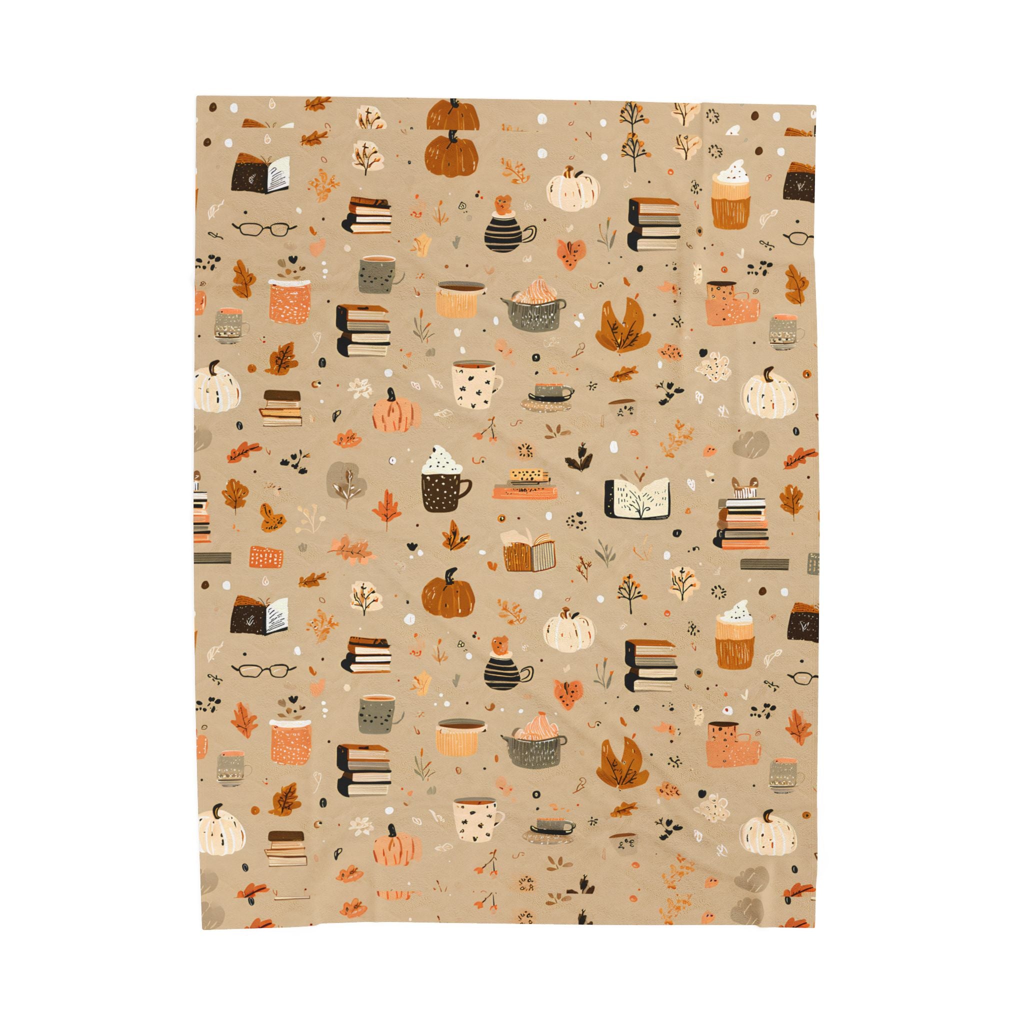 Cozy Velveteen Fall Blanket with Pumpkins Coffee Books Cottagecore Neutral Plush Throw