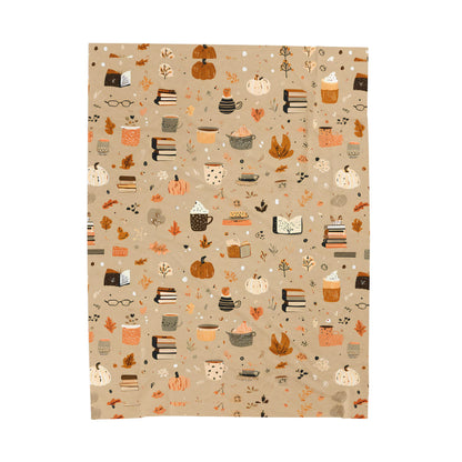 Cozy Velveteen Fall Blanket with Pumpkins Coffee Books Cottagecore Neutral Plush Throw