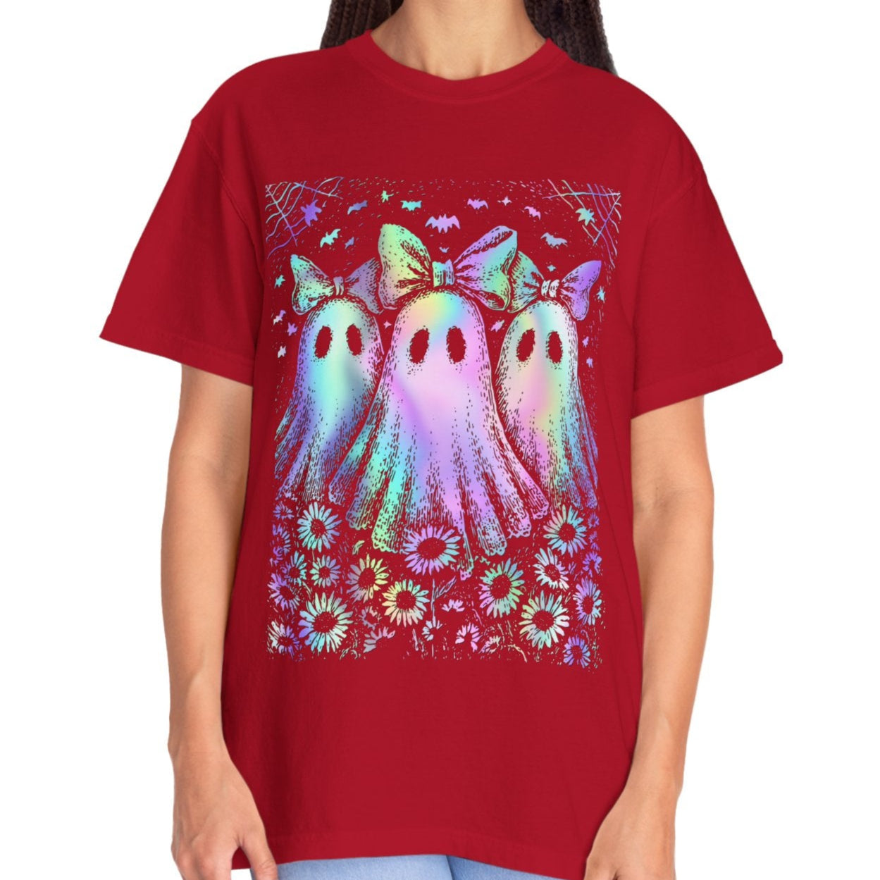 Pastel Rainbow Ghost Halloween Shirt for Women – Cute Spooky Season Tee with Bows & Floral Aesthetic