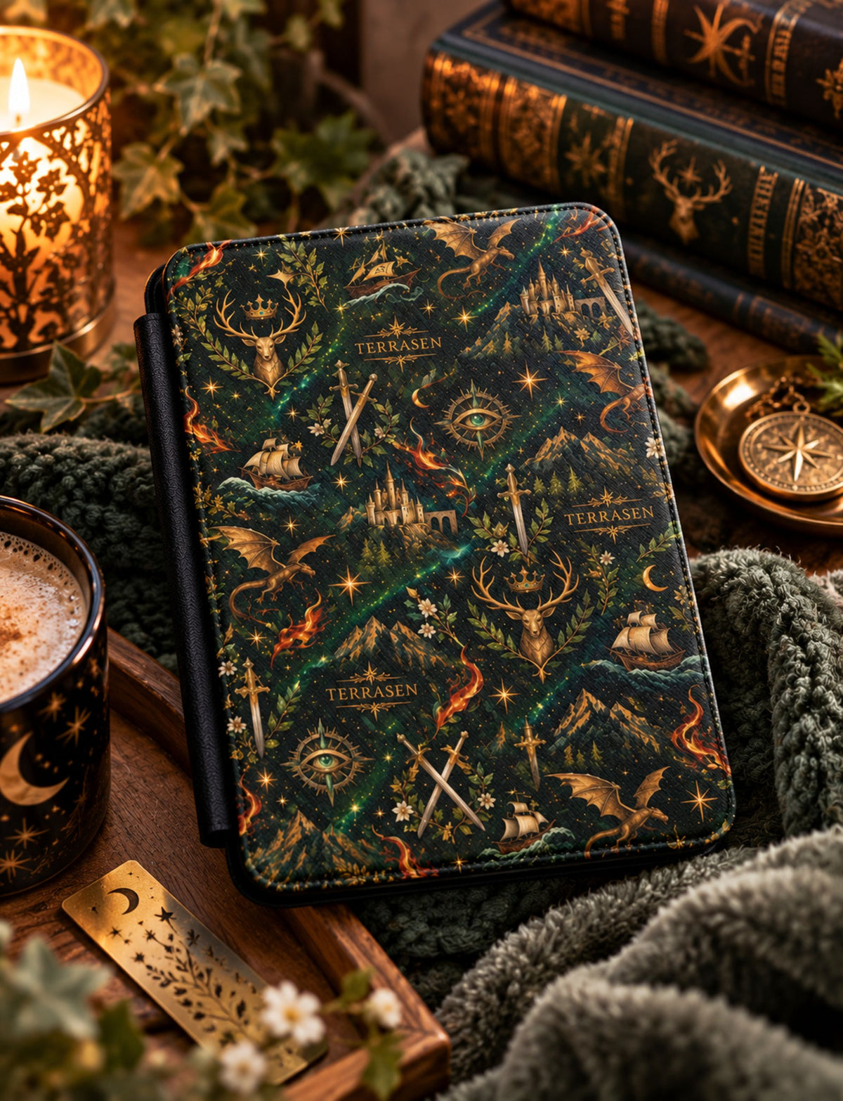 Terrasen Kindle Case Dark Green Fantasy E-reader Cover