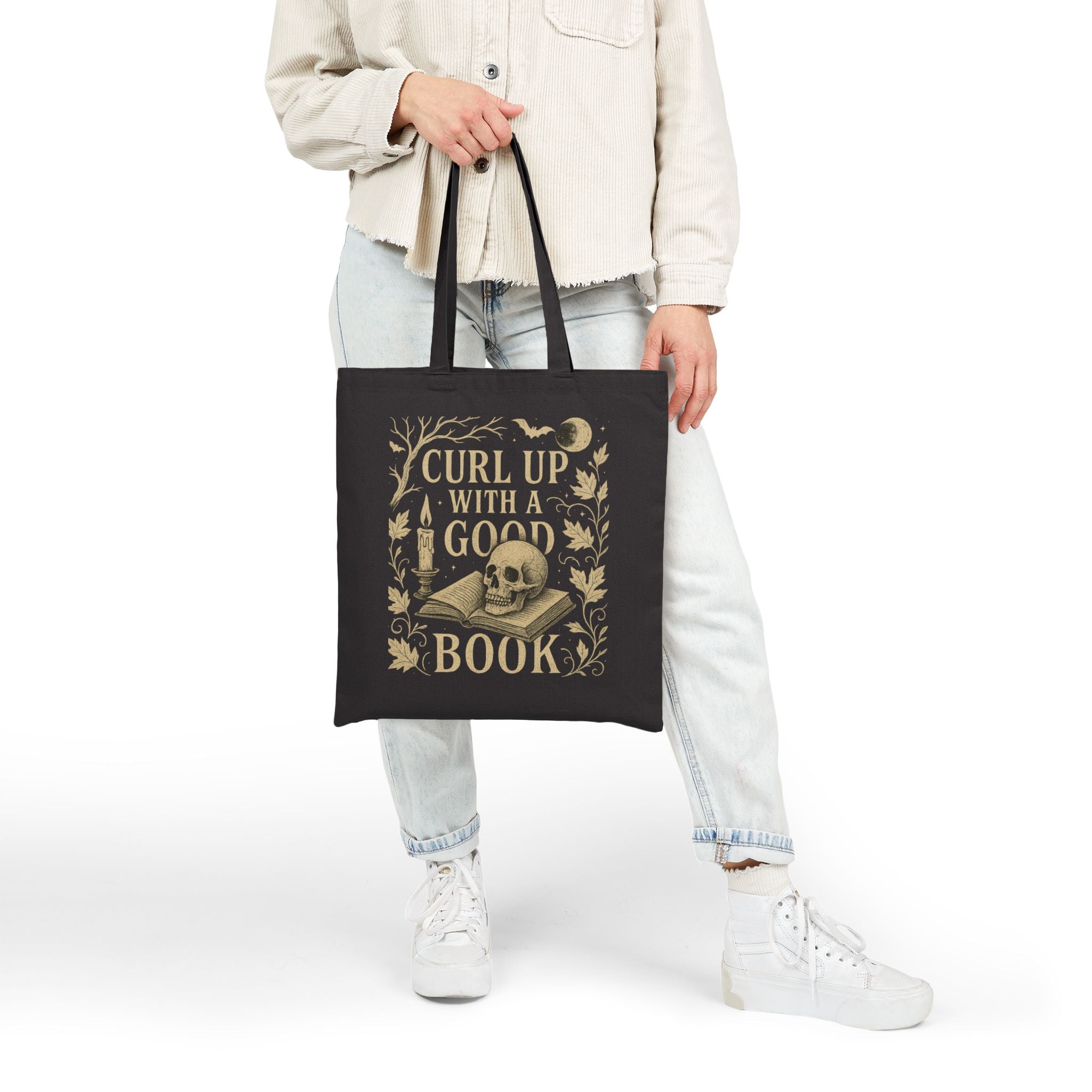 Vintage Gothic Book Lover Tote Bag – Skull & Candle Cotton Canvas Bag for Readers, Library & Gifts