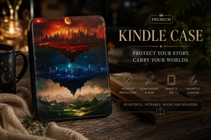Maasverse Kindle case held in warm, book-filled reading nook with layered fantasy sky art, ACOTAR, Throne of Glass, Crescent City