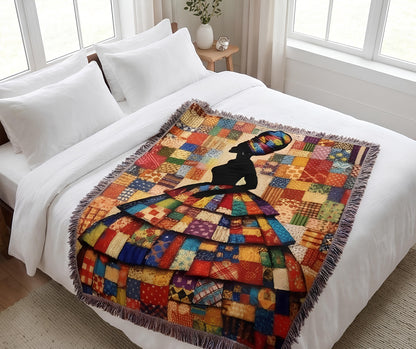 black woman silhouette woven art blanket in bold patchwork design, heirloom jacquard woven cotton tapestry with jewel tones, bohemian maximalist living room woven throw blanket