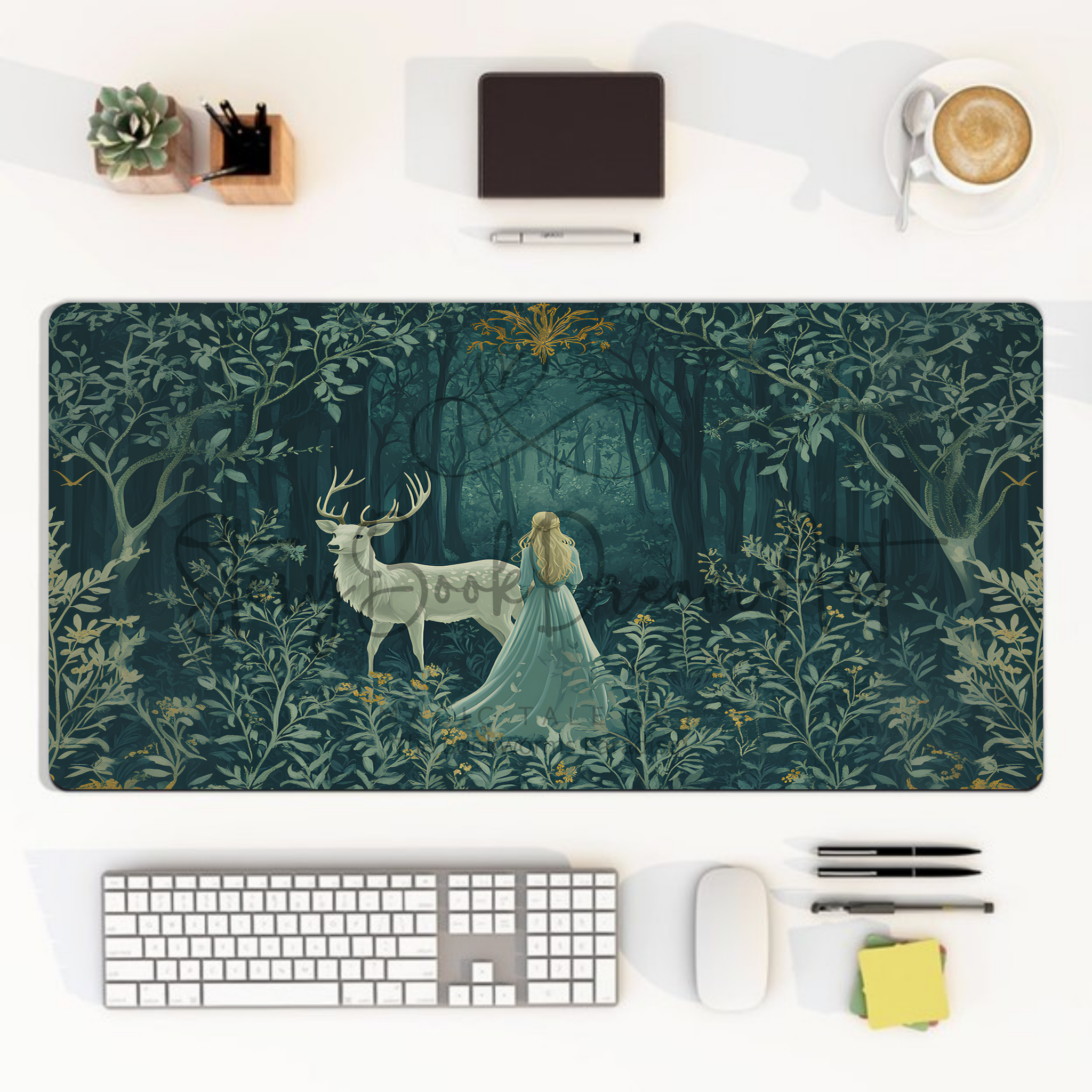 Fantasy Forest Desk Mat Enchanted Woods Stag Woman Art Large Mouse Pad Cottagecore Office Gift