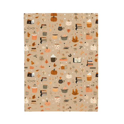 Cozy Velveteen Fall Blanket with Pumpkins Coffee Books Cottagecore Neutral Plush Throw