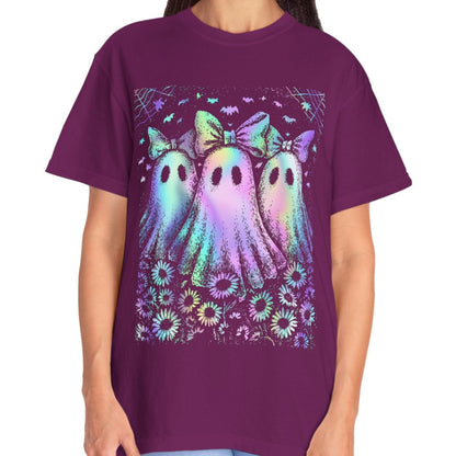 Pastel Rainbow Ghost Halloween Shirt for Women – Cute Spooky Season Tee with Bows & Floral Aesthetic
