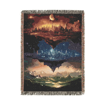 woven cotton blanket featuring fantasy skyline artwork