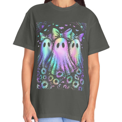Pastel Rainbow Ghost Halloween Shirt for Women – Cute Spooky Season Tee with Bows & Floral Aesthetic