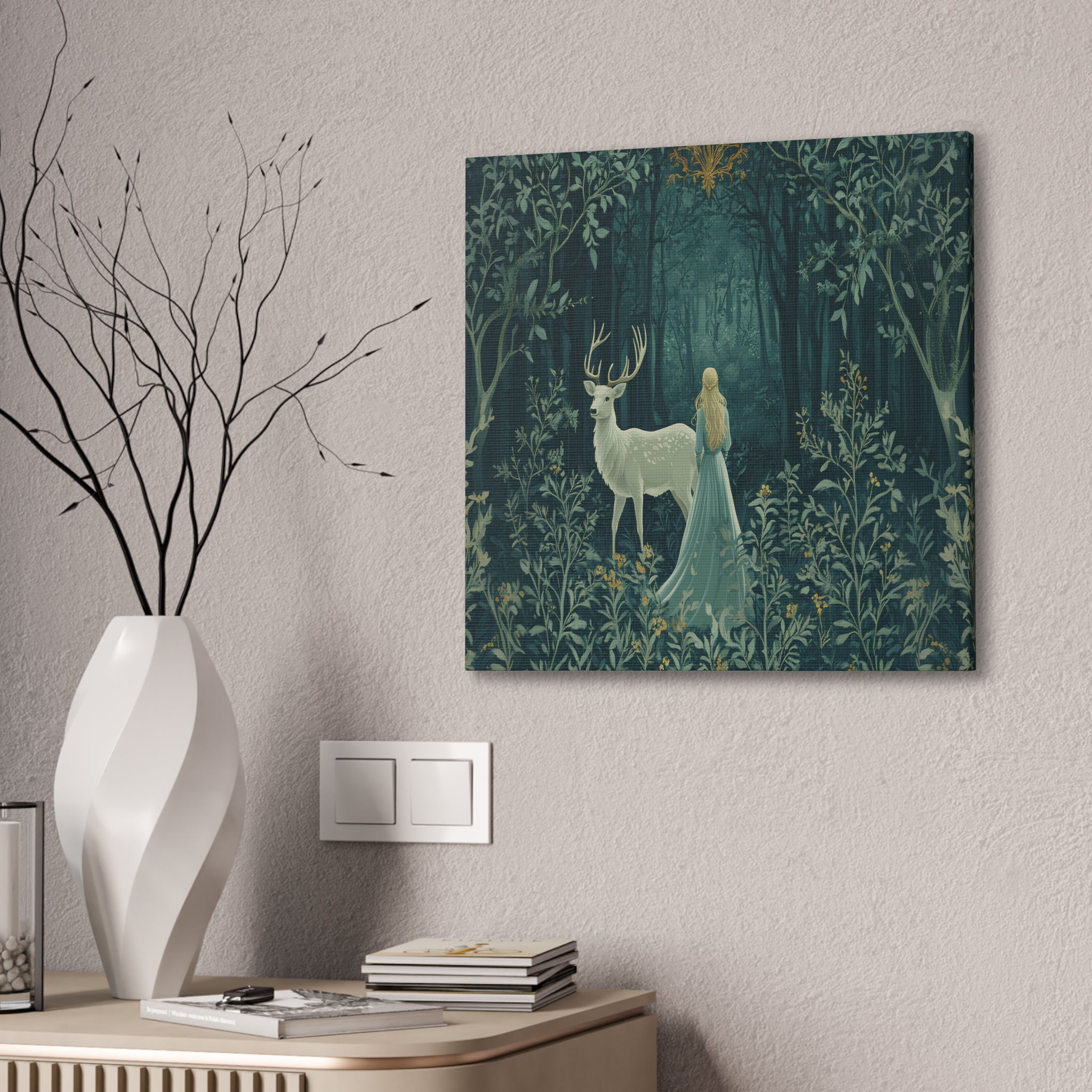Enchanted Forest Stag & Maiden Canvas Wall Art Mystical Woodland Nature Lover Home Décor
