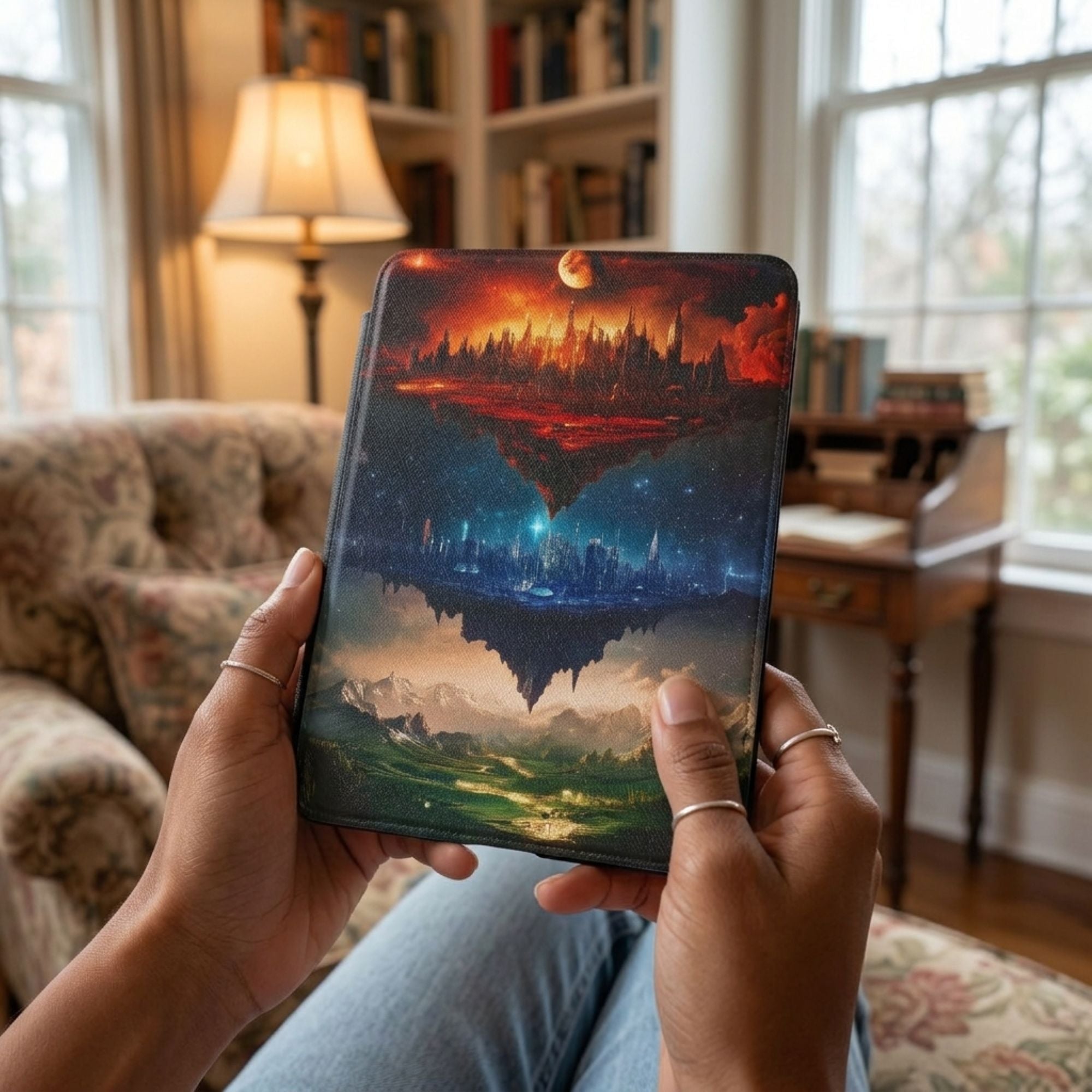 Maasverse Kindle case held in warm, book-filled reading nook with layered fantasy sky art, Throrne of Glass, ACOTAR, Crescent City
