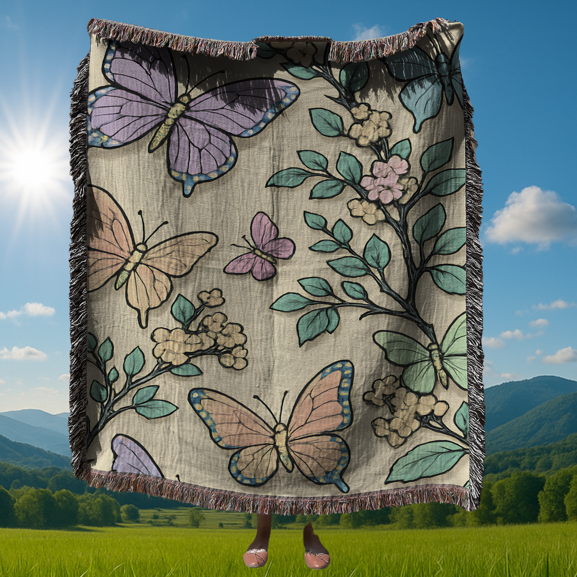Butterfly Floral Woven Blanket – Pastel Nature Throw | Cozy Cottagecore Boho Botanical Home Decor