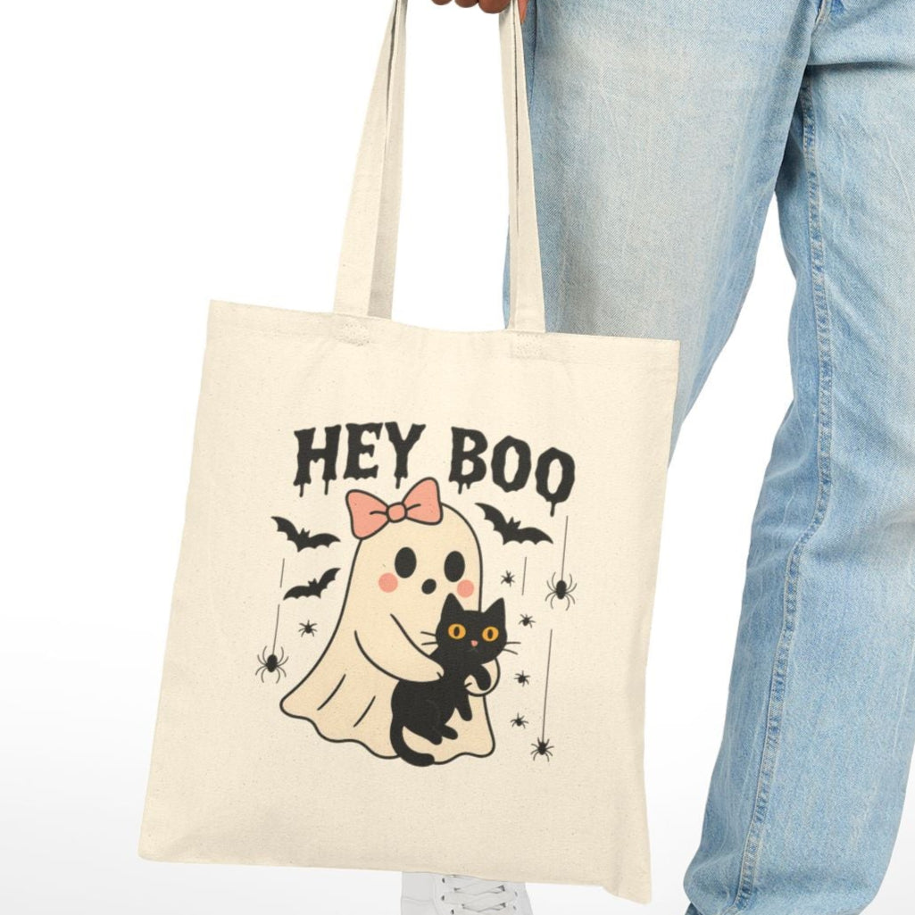 Cute Ghost & Black Cat Halloween Tote Bag | Fall Canvas Bag for Her | Reusable Trick-or-Treat Shopper