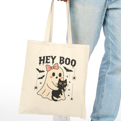 Cute Ghost & Black Cat Halloween Tote Bag | Fall Canvas Bag for Her | Reusable Trick-or-Treat Shopper
