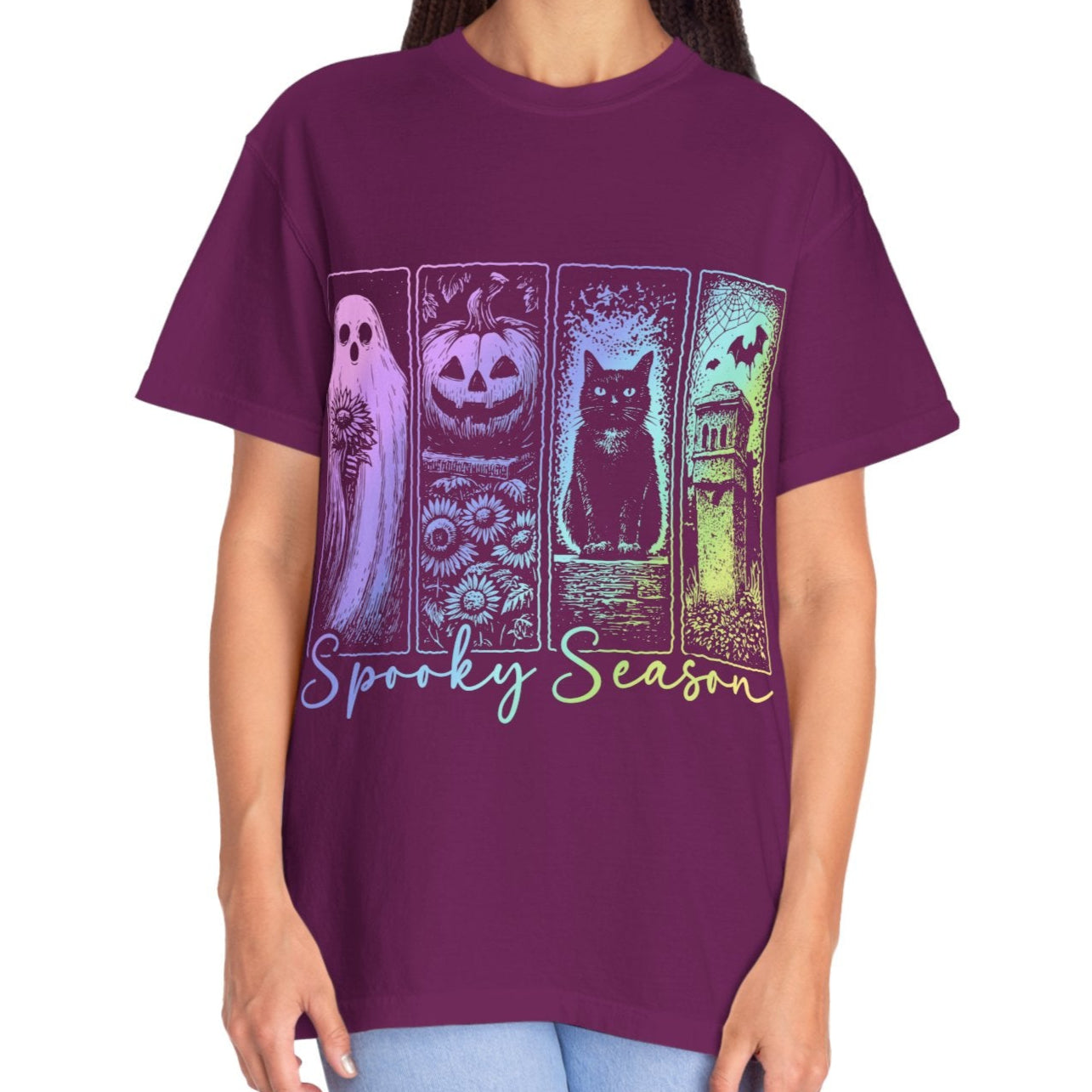 Spooky Season Halloween Shirt for Women Ghost Cat Pumpkin Tee – Cute Fall Aesthetic Witchy Graphic T-Shirt