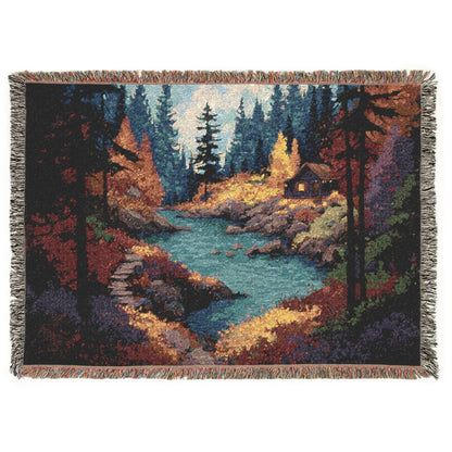 lodge decor blanket with colorful trees and river, artisan woven blanket with rustic cabin art, rustic lodge tapestry throw for fall home