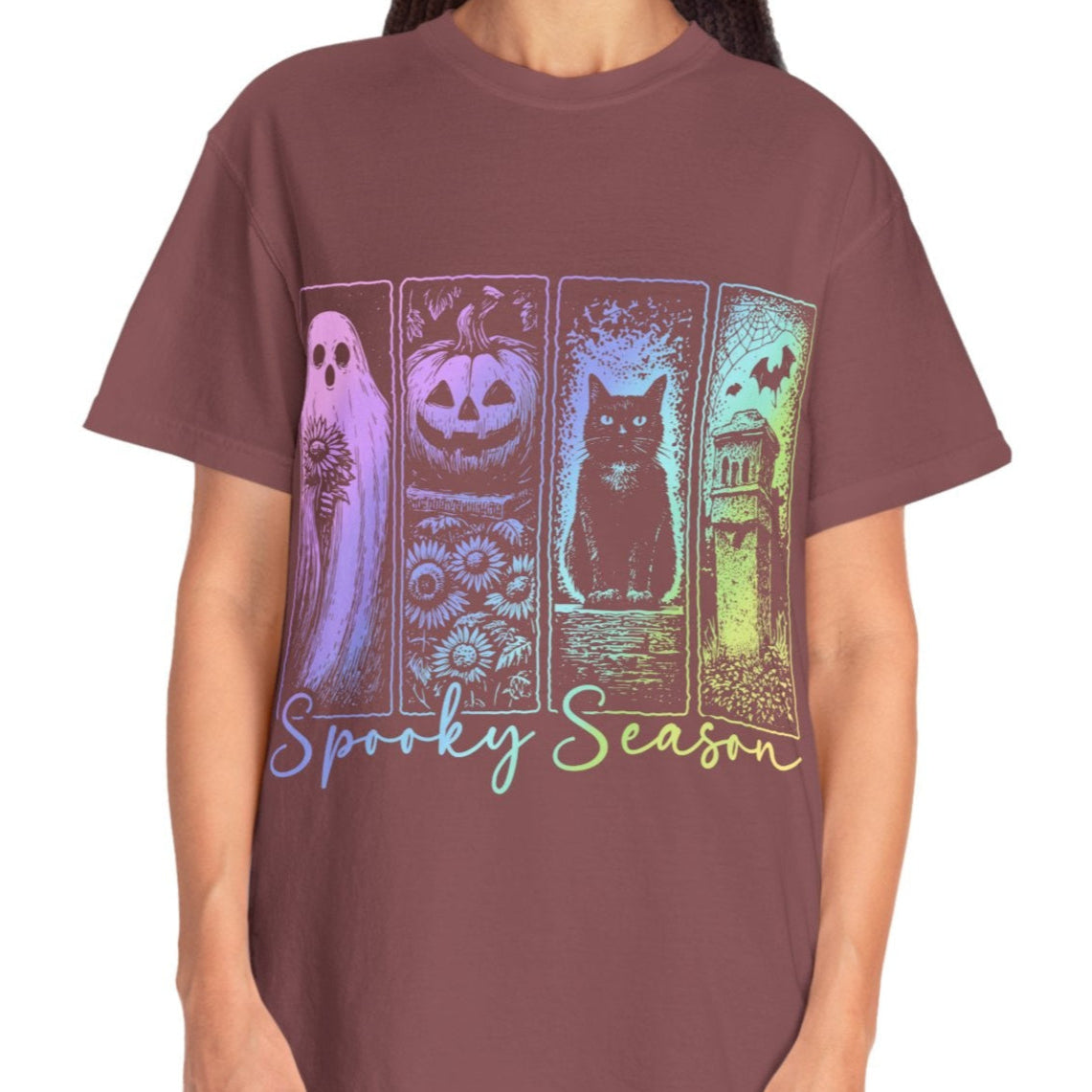 Spooky Season Halloween Shirt for Women Ghost Cat Pumpkin Tee – Cute Fall Aesthetic Witchy Graphic T-Shirt