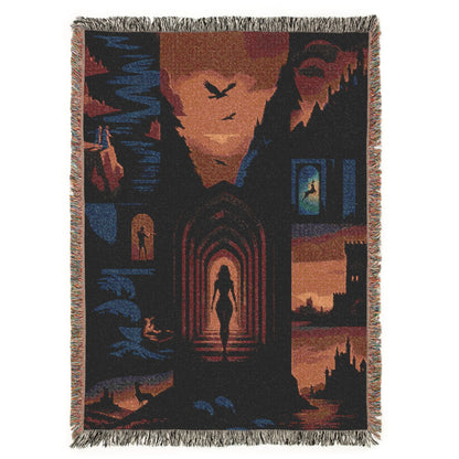Dark academia style woven blanket with fringe trim on a leather sofa