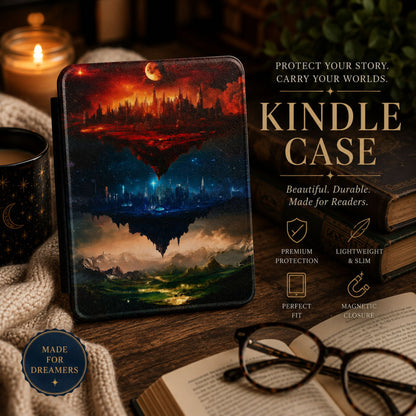 Maasverse Kindle case held in warm, book-filled reading nook with layered fantasy sky art, ACOTAR, Throne of Glass, Crescent City