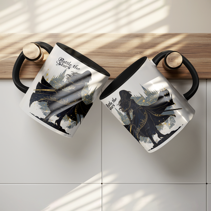 book lover gift mug with castle art, fantasy reader coffee cup for women, warrior queen silhouette mug