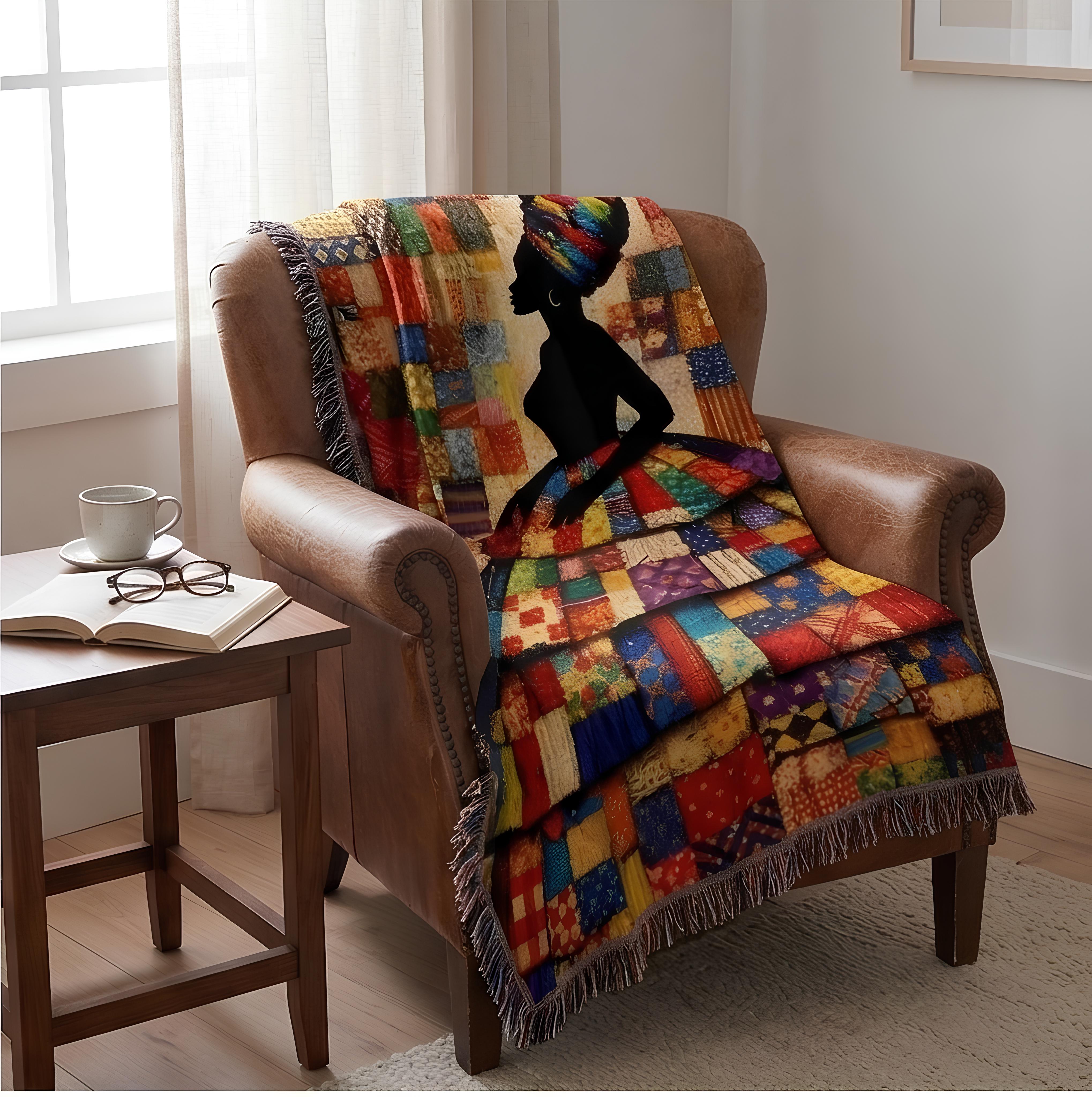 best afrocentric woven blanket for living room decor, vibrant bohemian couch throw with layered textile texture, usa made woven cotton blanket with heritage inspired design