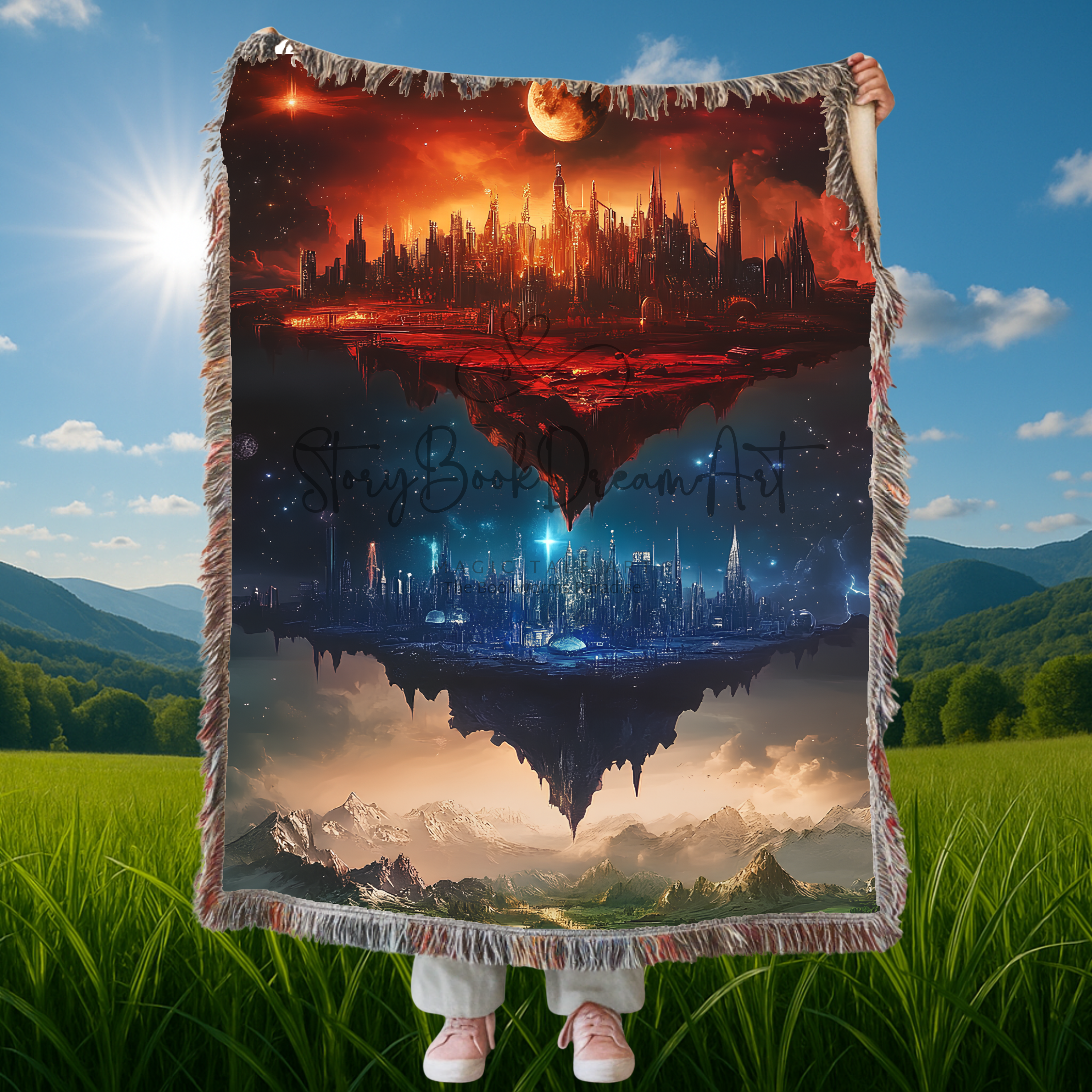 fantasy cityscape woven throw blanket with galaxy sky, cosmic night sky tapestry blanket with mountain design, woven cotton blanket featuring fantasy skyline artwork