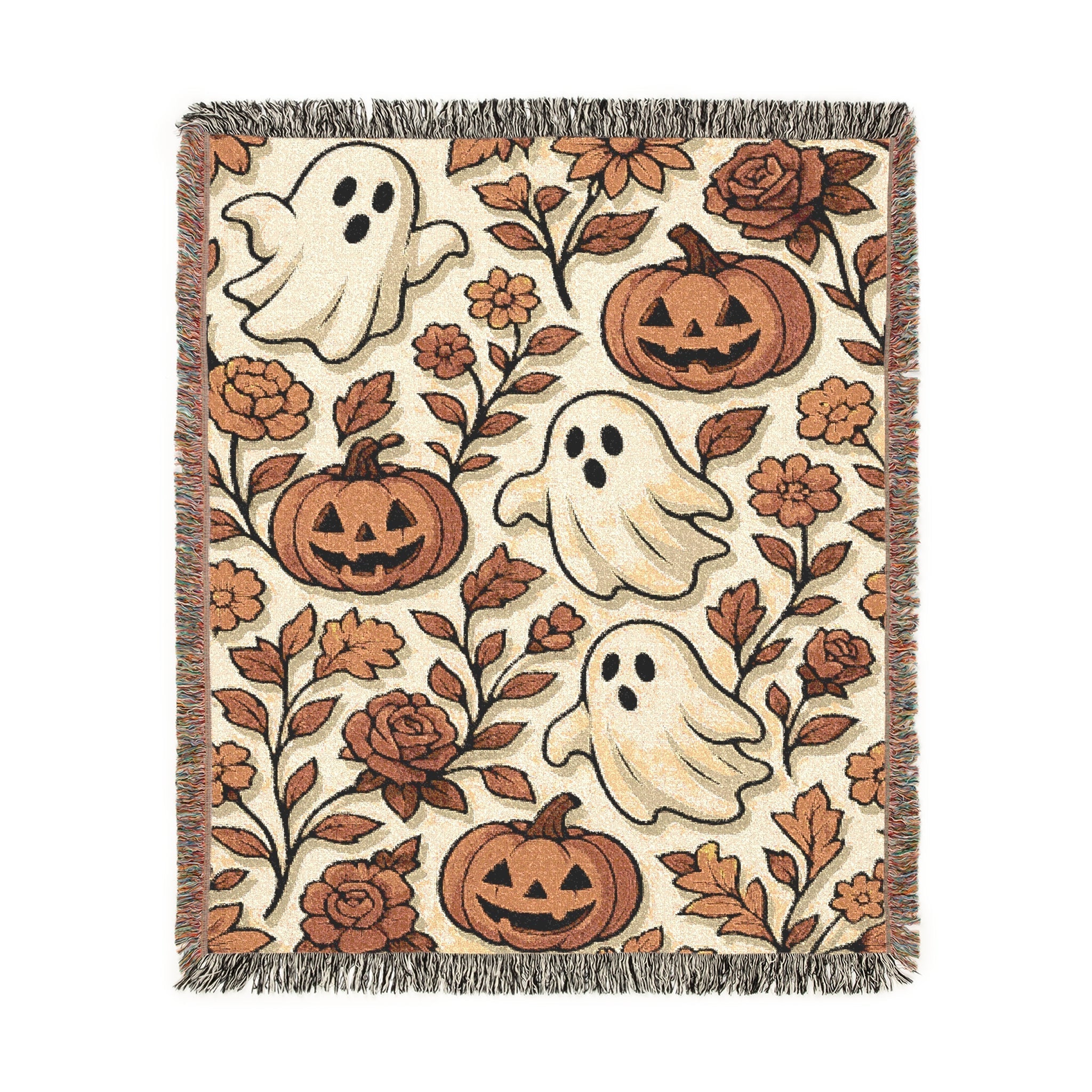 cottagecore halloween ghost pumpkin tapestry, cozy fall pumpkin ghost woven throw blanket