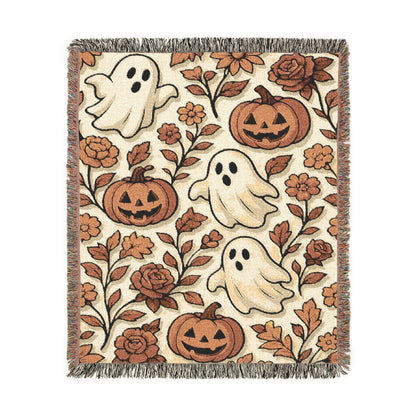 cottagecore halloween ghost pumpkin tapestry, cozy fall pumpkin ghost woven throw blanket