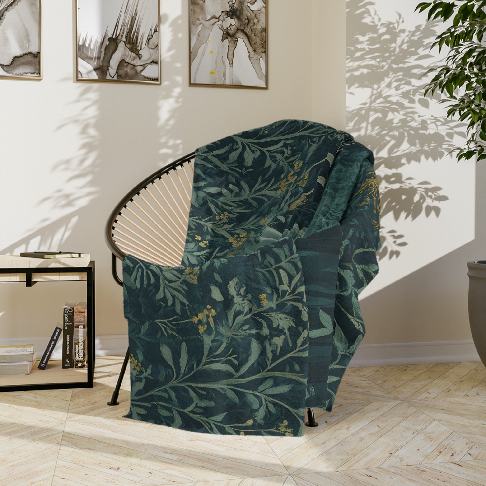 Enchanted forest blanket for cozy reading nooks and fantasy lovers,
Soft fleece throw with magical forest art in shades of teal and gold,