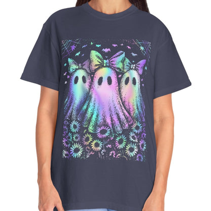 Pastel Rainbow Ghost Halloween Shirt for Women – Cute Spooky Season Tee with Bows & Floral Aesthetic