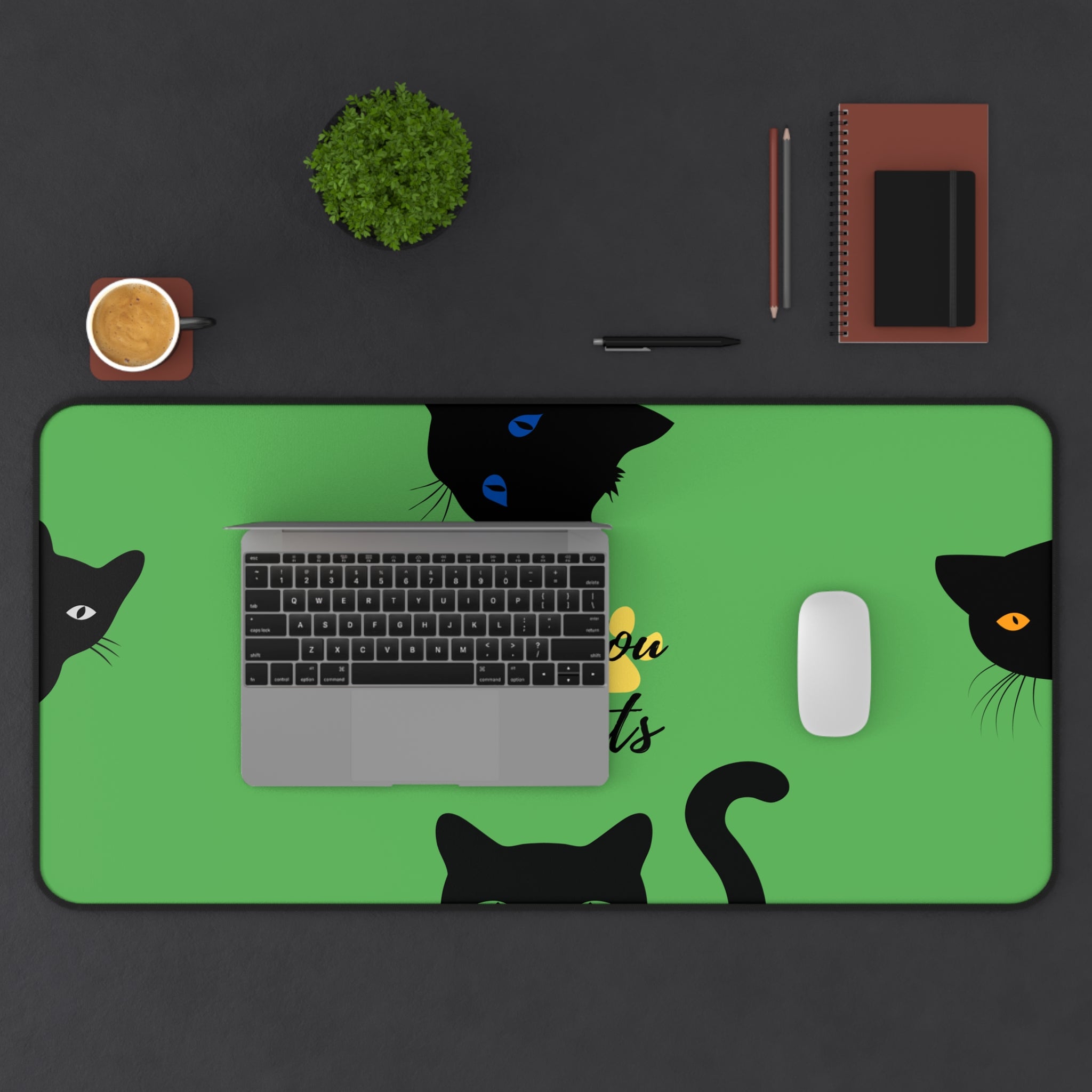 oversized green computer desk cover with black cats