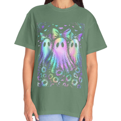 Pastel Rainbow Ghost Halloween Shirt for Women – Cute Spooky Season Tee with Bows & Floral Aesthetic