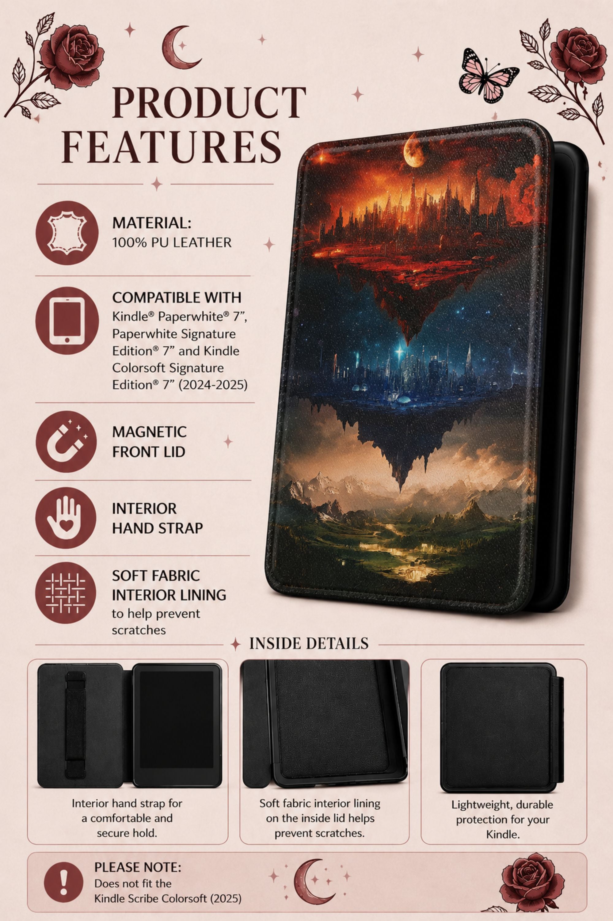 Open folio Kindle case showing device fit beside a stack of romantasy novels, ACOTAR, Throne of Glass, Crescent City