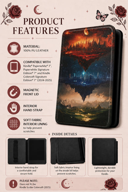 Open folio Kindle case showing device fit beside a stack of romantasy novels, ACOTAR, Throne of Glass, Crescent City